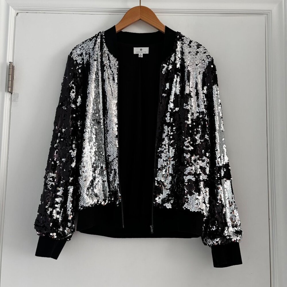 Women's Socialite‎ Sequin Bomber Jacket, Size Small Black Silver Glitter Excel - Picture 6 of 8